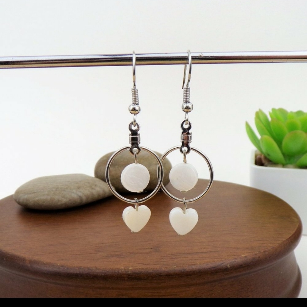 Shell Beaded Silver Tone Earrings